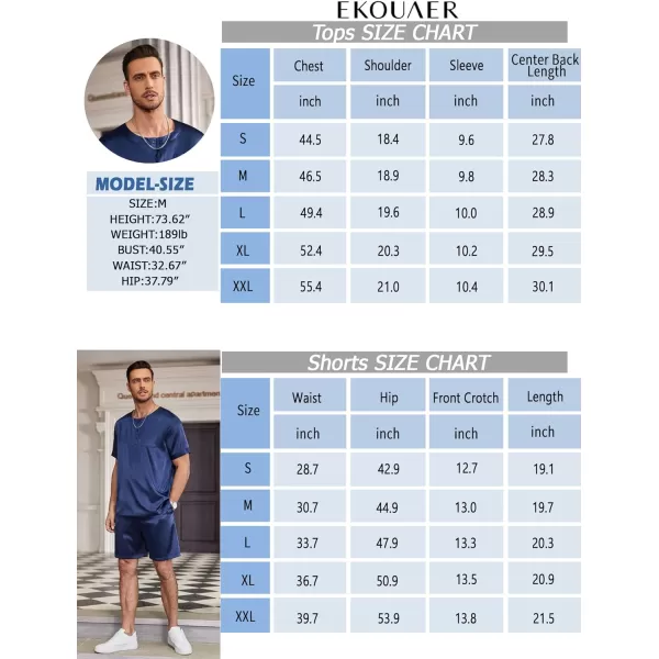 Ekouaer Men Satin Pajamas Set Short Sleeve Silk Sleepwear Button Down 2 Piece Loungewear with PocketsNavy Blue