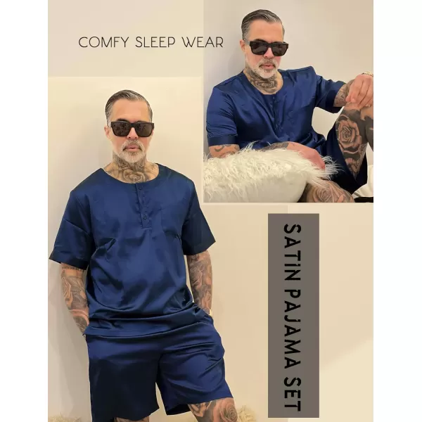 Ekouaer Men Satin Pajamas Set Short Sleeve Silk Sleepwear Button Down 2 Piece Loungewear with PocketsNavy Blue
