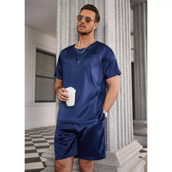 Ekouaer Men Satin Pajamas Set Short Sleeve Silk Sleepwear Button Down 2 Piece Loungewear with PocketsNavy Blue