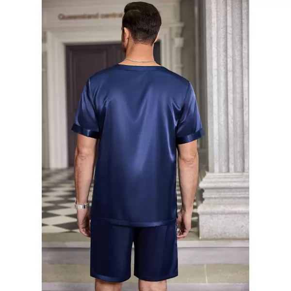 Ekouaer Men Satin Pajamas Set Short Sleeve Silk Sleepwear Button Down 2 Piece Loungewear with PocketsNavy Blue