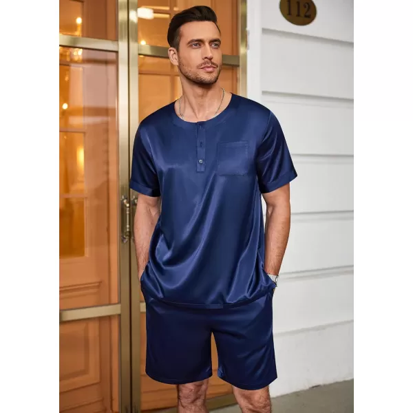 Ekouaer Men Satin Pajamas Set Short Sleeve Silk Sleepwear Button Down 2 Piece Loungewear with PocketsNavy Blue