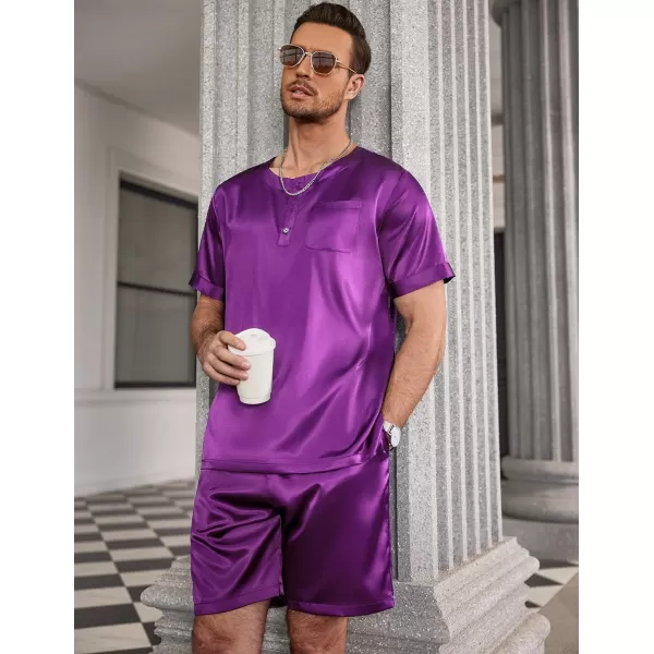 Ekouaer Men Satin Pajamas Set Short Sleeve Silk Sleepwear Button Down 2 Piece Loungewear with PocketsPurple