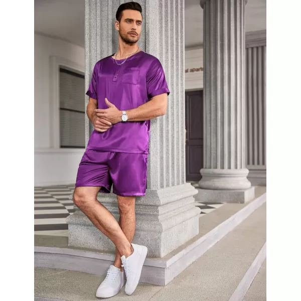 Ekouaer Men Satin Pajamas Set Short Sleeve Silk Sleepwear Button Down 2 Piece Loungewear with PocketsPurple