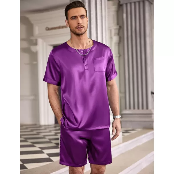 Ekouaer Men Satin Pajamas Set Short Sleeve Silk Sleepwear Button Down 2 Piece Loungewear with PocketsPurple