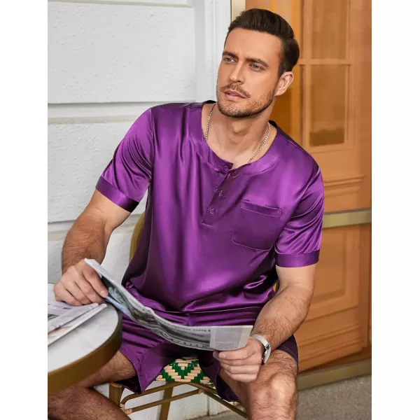 Ekouaer Men Satin Pajamas Set Short Sleeve Silk Sleepwear Button Down 2 Piece Loungewear with PocketsPurple