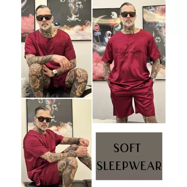 Ekouaer Men Satin Pajamas Set Short Sleeve Silk Sleepwear Button Down 2 Piece Loungewear with PocketsWine Red