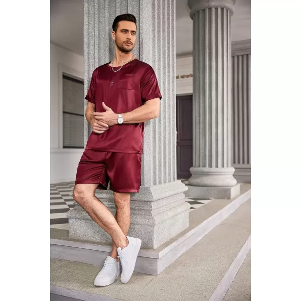 Ekouaer Men Satin Pajamas Set Short Sleeve Silk Sleepwear Button Down 2 Piece Loungewear with PocketsWine Red