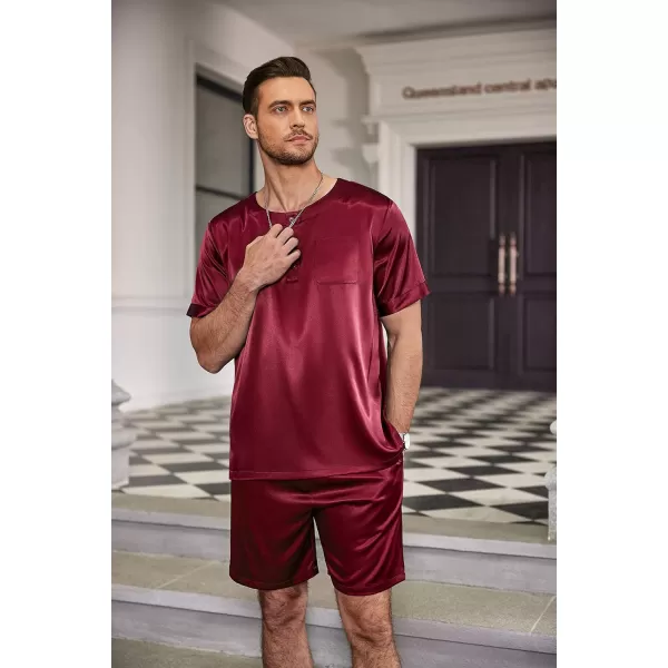 Ekouaer Men Satin Pajamas Set Short Sleeve Silk Sleepwear Button Down 2 Piece Loungewear with PocketsWine Red