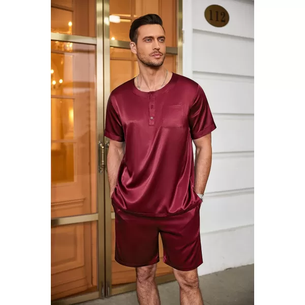 Ekouaer Men Satin Pajamas Set Short Sleeve Silk Sleepwear Button Down 2 Piece Loungewear with PocketsWine Red