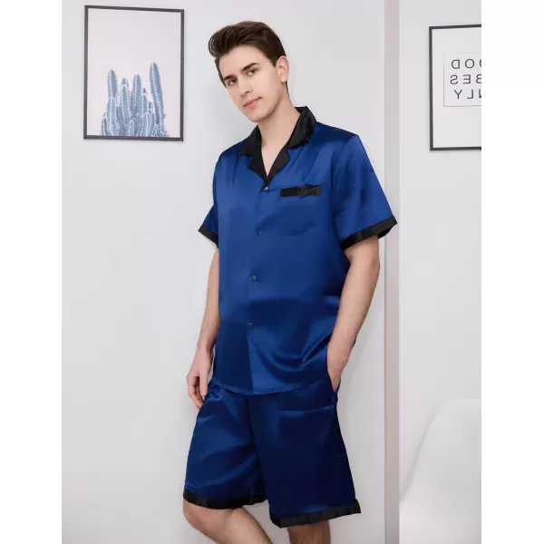 Ekouaer Men Satin Silk Pajamas Set with Pockets Sleepwear Shorts Satin Summer Loungewear 2 Piece Button Down Set SXXLShort Sleeve Navy Blue