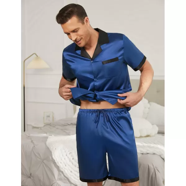 Ekouaer Men Satin Silk Pajamas Set with Pockets Sleepwear Shorts Satin Summer Loungewear 2 Piece Button Down Set SXXLShort Sleeve Navy Blue