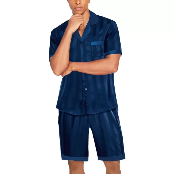 Ekouaer Men Satin Silk Pajamas Set with Pockets Sleepwear Shorts Satin Summer Loungewear 2 Piece Button Down Set SXXLShort Sleeve Pat4navy Blue Stripe