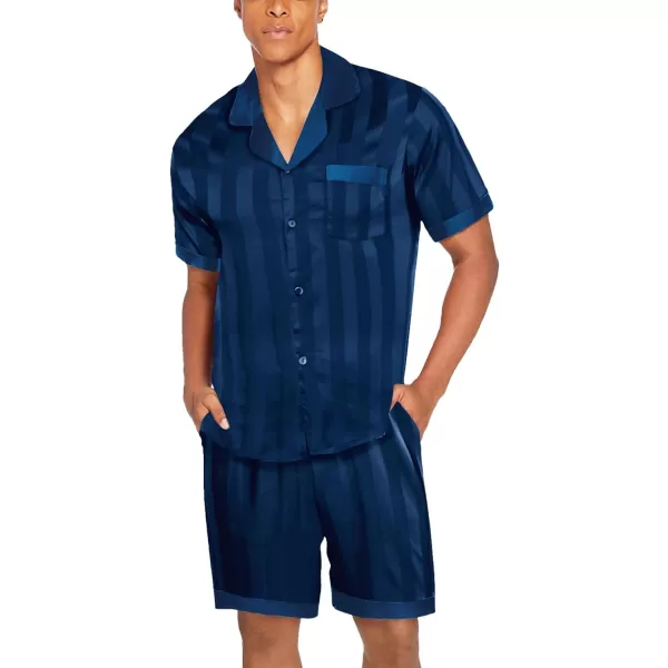 Ekouaer Men Satin Silk Pajamas Set with Pockets Sleepwear Shorts Satin Summer Loungewear 2 Piece Button Down Set SXXLShort Sleeve Pat4navy Blue Stripe