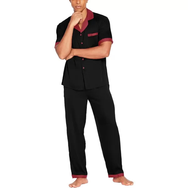 Ekouaer Men Silk Satin Pajamas Set Short Sleeve Button Down Sleepwear Loungewear with PocketsBlack