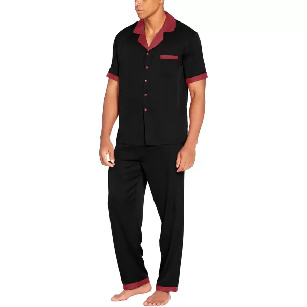 Ekouaer Men Silk Satin Pajamas Set Short Sleeve Button Down Sleepwear Loungewear with PocketsBlack