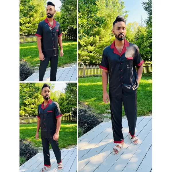 Ekouaer Men Silk Satin Pajamas Set Short Sleeve Button Down Sleepwear Loungewear with PocketsBlack