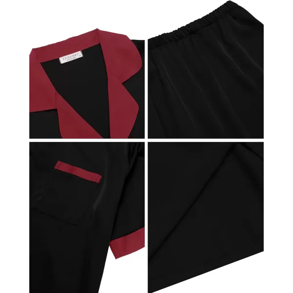 Ekouaer Men Silk Satin Pajamas Set Short Sleeve Button Down Sleepwear Loungewear with PocketsBlack