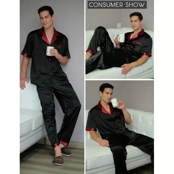 Ekouaer Men Silk Satin Pajamas Set Short Sleeve Button Down Sleepwear Loungewear with PocketsBlack