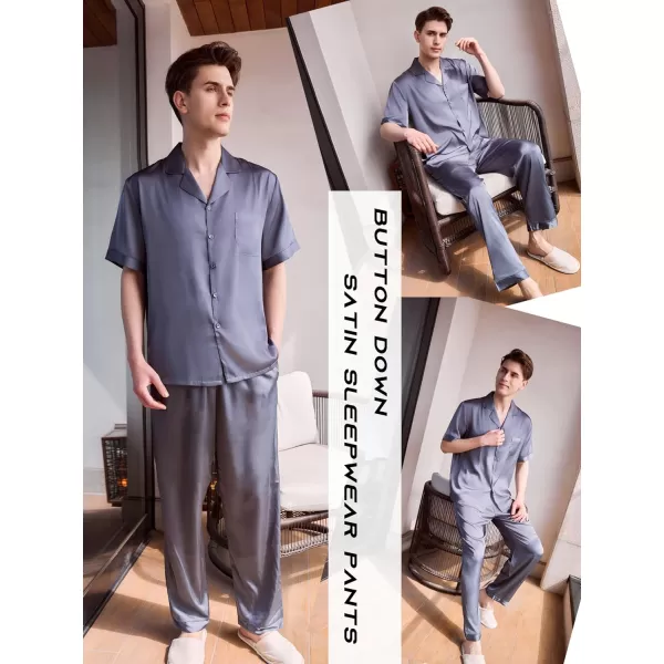 Ekouaer Men Silk Satin Pajamas Set Short Sleeve Button Down Sleepwear Loungewear with PocketsCharcoal Grey