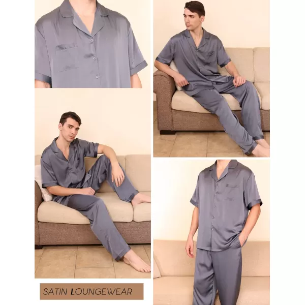 Ekouaer Men Silk Satin Pajamas Set Short Sleeve Button Down Sleepwear Loungewear with PocketsCharcoal Grey