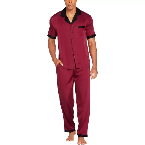 Ekouaer Men Silk Satin Pajamas Set Short Sleeve Button Down Sleepwear Loungewear with PocketsDark Red