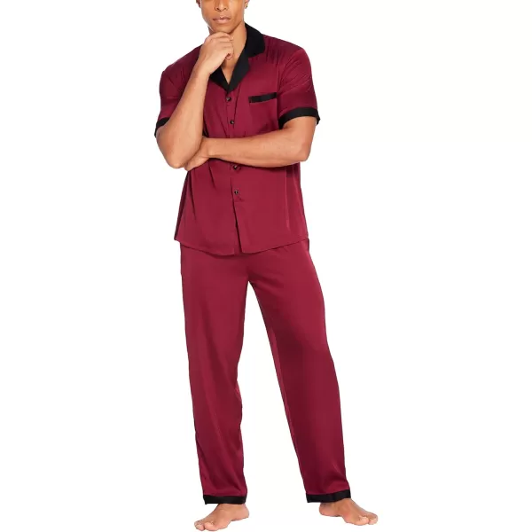 Ekouaer Men Silk Satin Pajamas Set Short Sleeve Button Down Sleepwear Loungewear with PocketsDark Red