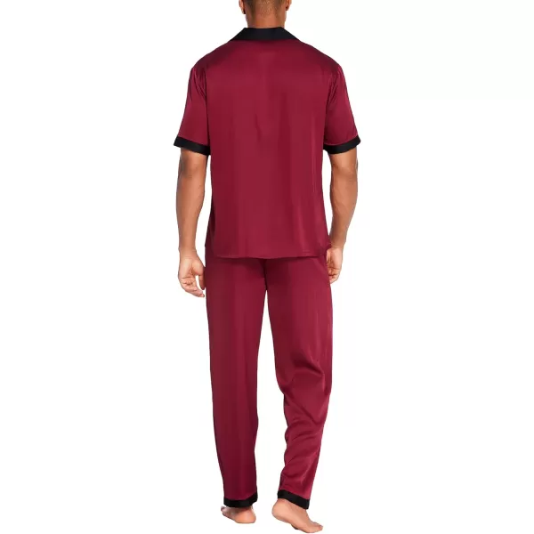 Ekouaer Men Silk Satin Pajamas Set Short Sleeve Button Down Sleepwear Loungewear with PocketsDark Red