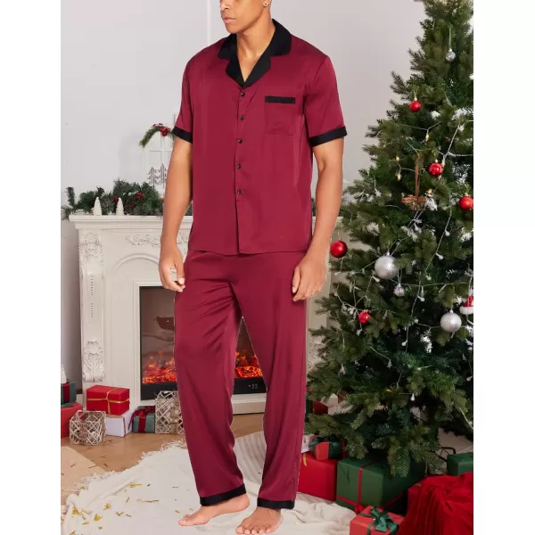 Ekouaer Men Silk Satin Pajamas Set Short Sleeve Button Down Sleepwear Loungewear with PocketsDark Red