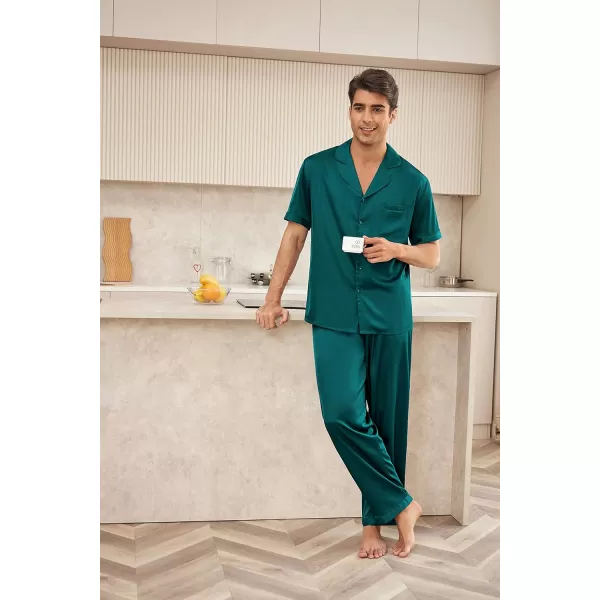 Ekouaer Men Silk Satin Pajamas Set Short Sleeve Button Down Sleepwear Loungewear with PocketsGreen