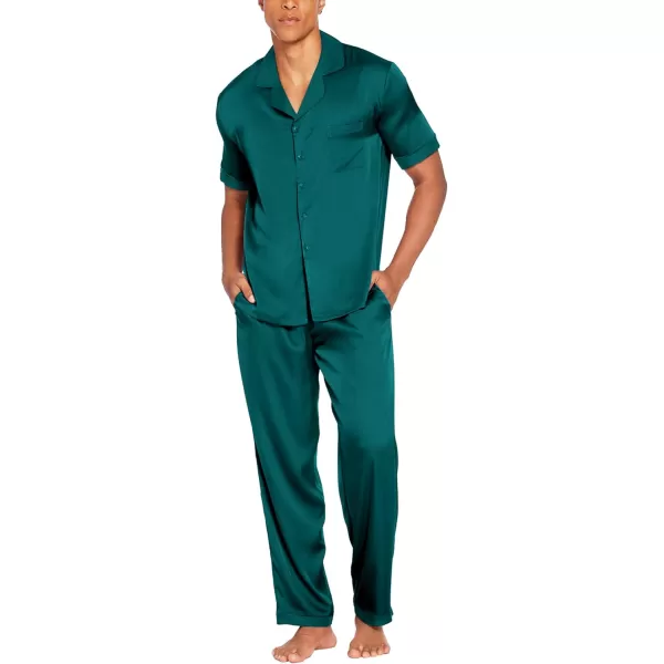 Ekouaer Men Silk Satin Pajamas Set Short Sleeve Button Down Sleepwear Loungewear with PocketsGreen