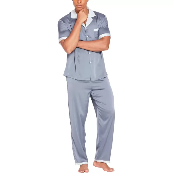 Ekouaer Men Silk Satin Pajamas Set Short Sleeve Button Down Sleepwear Loungewear with PocketsLight Gray