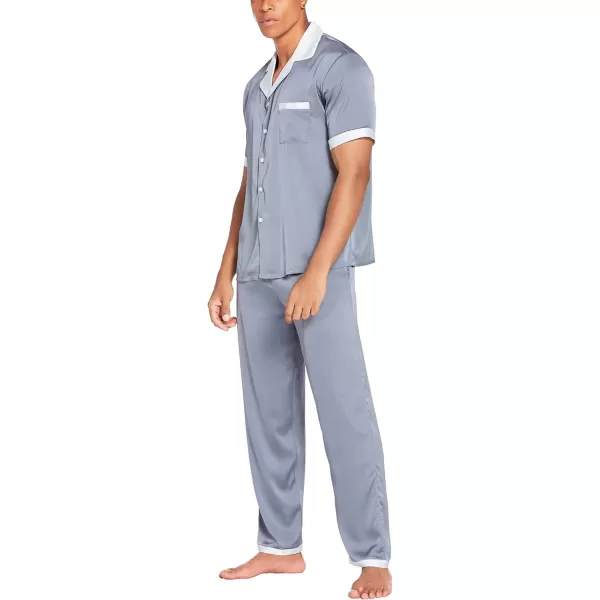 Ekouaer Men Silk Satin Pajamas Set Short Sleeve Button Down Sleepwear Loungewear with PocketsLight Gray