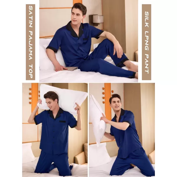 Ekouaer Men Silk Satin Pajamas Set Short Sleeve Button Down Sleepwear Loungewear with PocketsNavy Blue