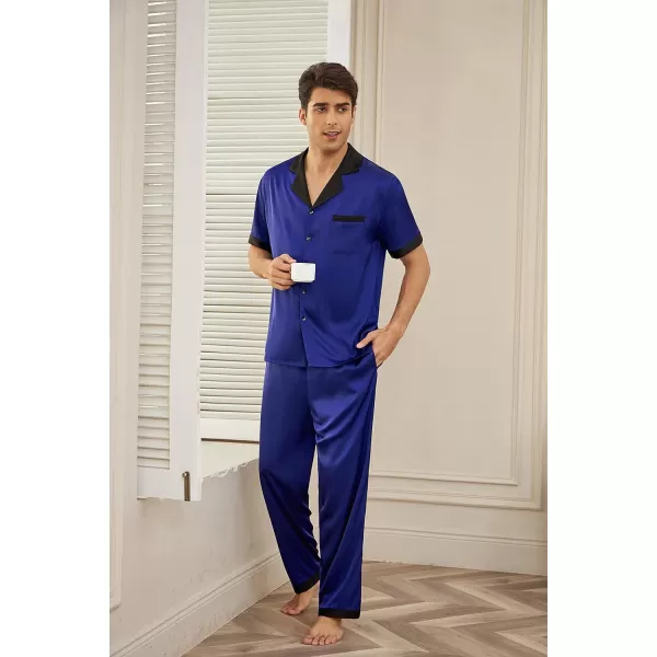 Ekouaer Men Silk Satin Pajamas Set Short Sleeve Button Down Sleepwear Loungewear with PocketsNavy Blue