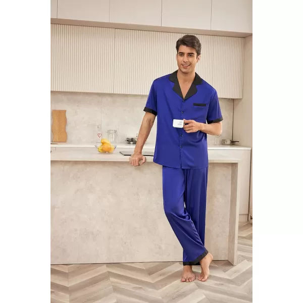 Ekouaer Men Silk Satin Pajamas Set Short Sleeve Button Down Sleepwear Loungewear with PocketsNavy Blue