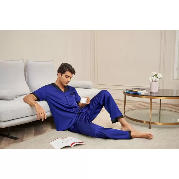 Ekouaer Men Silk Satin Pajamas Set Short Sleeve Button Down Sleepwear Loungewear with PocketsNavy Blue