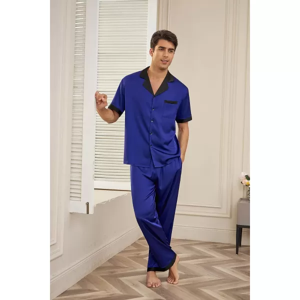 Ekouaer Men Silk Satin Pajamas Set Short Sleeve Button Down Sleepwear Loungewear with PocketsNavy Blue