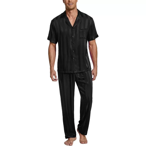 Ekouaer Men Silk Satin Pajamas Set Short Sleeve Button Down Sleepwear Loungewear with PocketsPat2black