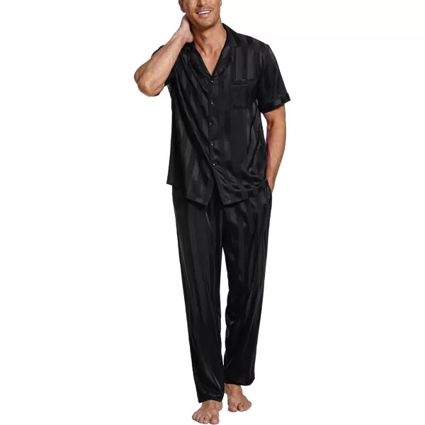 Ekouaer Men Silk Satin Pajamas Set Short Sleeve Button Down Sleepwear Loungewear with PocketsPat2black