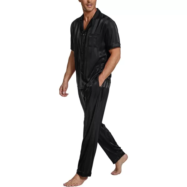Ekouaer Men Silk Satin Pajamas Set Short Sleeve Button Down Sleepwear Loungewear with PocketsPat2black