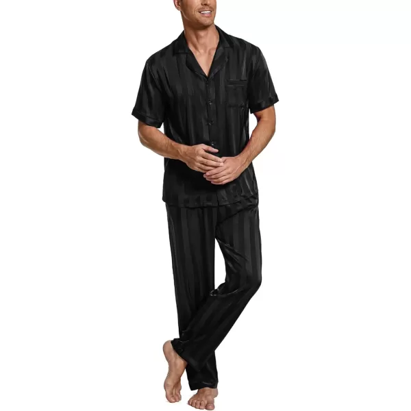 Ekouaer Men Silk Satin Pajamas Set Short Sleeve Button Down Sleepwear Loungewear with PocketsPat2black