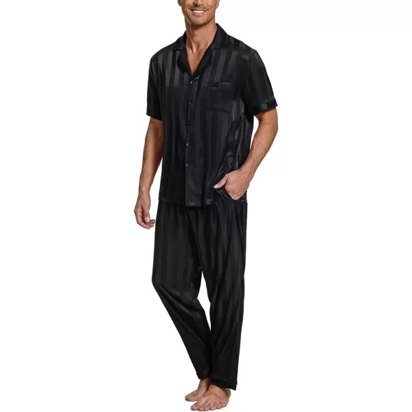 Ekouaer Men Silk Satin Pajamas Set Short Sleeve Button Down Sleepwear Loungewear with PocketsPat2black