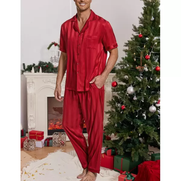 Ekouaer Men Silk Satin Pajamas Set Short Sleeve Button Down Sleepwear Loungewear with PocketsPat3red