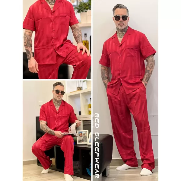 Ekouaer Men Silk Satin Pajamas Set Short Sleeve Button Down Sleepwear Loungewear with PocketsPat3red