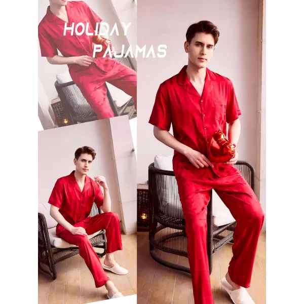 Ekouaer Men Silk Satin Pajamas Set Short Sleeve Button Down Sleepwear Loungewear with PocketsPat3red