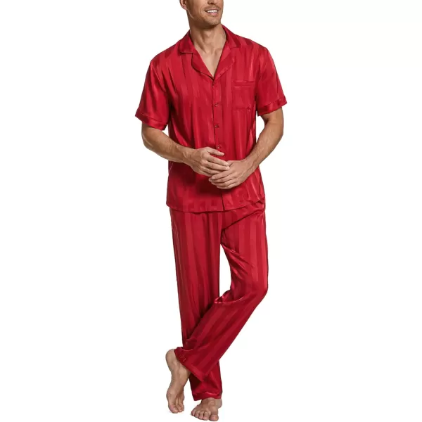 Ekouaer Men Silk Satin Pajamas Set Short Sleeve Button Down Sleepwear Loungewear with PocketsPat3red