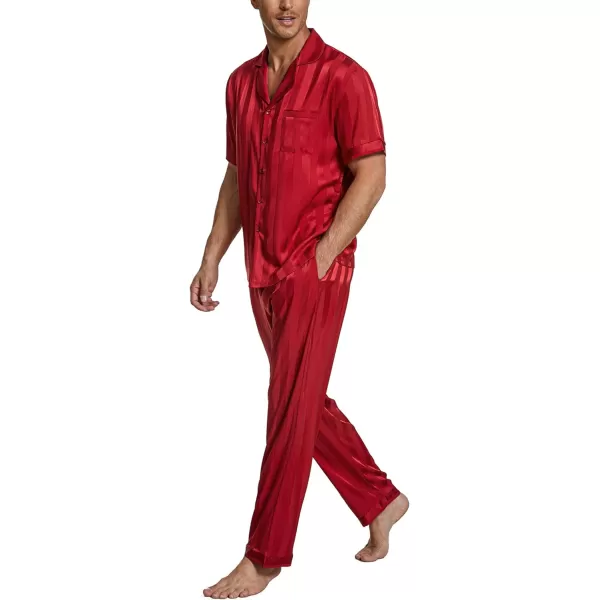 Ekouaer Men Silk Satin Pajamas Set Short Sleeve Button Down Sleepwear Loungewear with PocketsPat3red