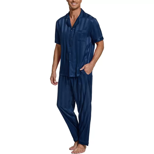 Ekouaer Men Silk Satin Pajamas Set Short Sleeve Button Down Sleepwear Loungewear with PocketsPat4navy Blue