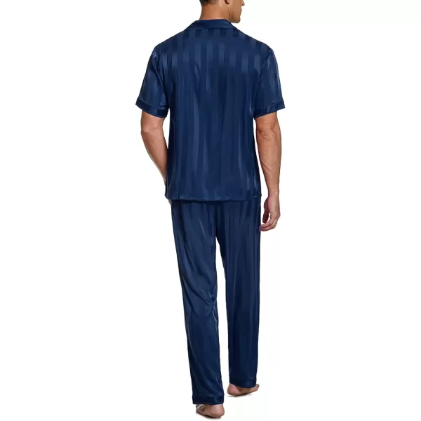 Ekouaer Men Silk Satin Pajamas Set Short Sleeve Button Down Sleepwear Loungewear with PocketsPat4navy Blue