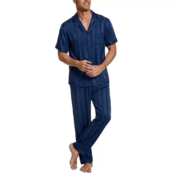 Ekouaer Men Silk Satin Pajamas Set Short Sleeve Button Down Sleepwear Loungewear with PocketsPat4navy Blue